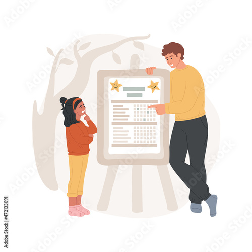 Responsibility chart isolated cartoon vector illustration. Kid standing near blackboard on the wall, chart with pictures, to-do list, tasks for days of the week, responsibility cartoon vector.