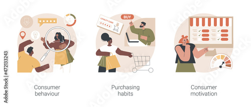 Marketing research service abstract concept vector illustration set. Consumer behaviour, purchasing habits, consumer motivation, shopping sale growth strategy, targeting strategy abstract metaphor.