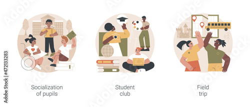 School environment abstract concept vector illustration set. Socialization of pupils, student club, field trip, after-school activity, college association, social interaction abstract metaphor.