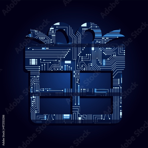 Gift symbol with electronic circuit. Blue and gradient background. Online shopping, smart and technological.