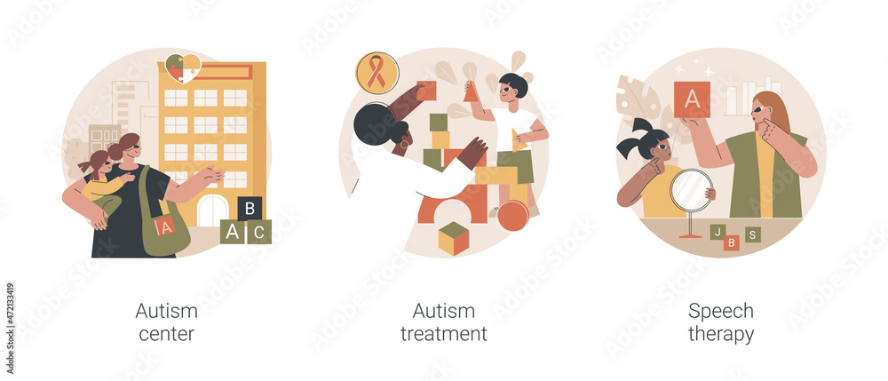 Kids with special needs help abstract concept vector illustration set. Autism treatment in learning disability center, speech therapy, development delay, behavior disorder analysis abstract metaphor. - obrazy, fototapety, plakaty 
