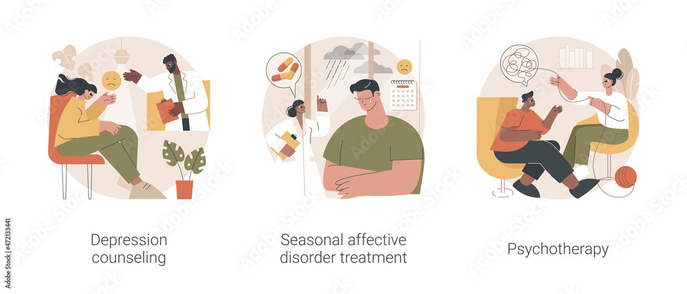 Mental health condition abstract concept vector illustration set. Depression counseling, seasonal affective disorder treatment, psychotherapy, behavioral cognitive therapy abstract metaphor. - obrazy, fototapety, plakaty 