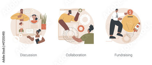 Partnership abstract concept vector illustration set. Discussion, collaboration project, business fundraising, startup investment, brainstorming, work together and share opinion abstract metaphor.