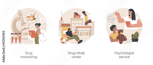 Abuse rehabilitation abstract concept vector illustration set. Drug monitoring, rehab center, psychologist service, primary healthcare, addiction therapy clinic, mental health abstract metaphor.