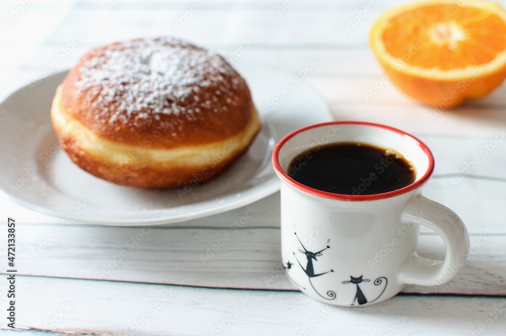 Breakfast is the basis of the day. A good breakfast is a pleasure. Coffee with donut and vitamins. Breakfast is the basis of the day. A good breakfast is a pleasure. Coffee with donut and vitamins.
