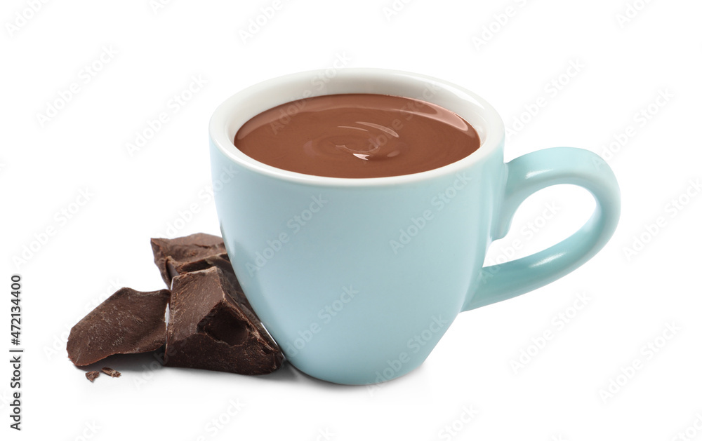 Yummy hot chocolate in cup on white background Yummy hot chocolate in cup on white background