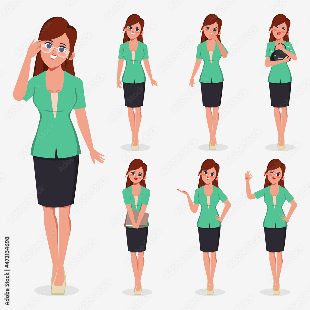 Set of business woman character difference pose. Flat cartoon illustration vector design.