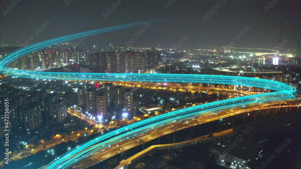 IOT,At night, technology beams pass over the city,Technology particle flying City IOT,At night, technology beams pass over the city,Technology particle flying City