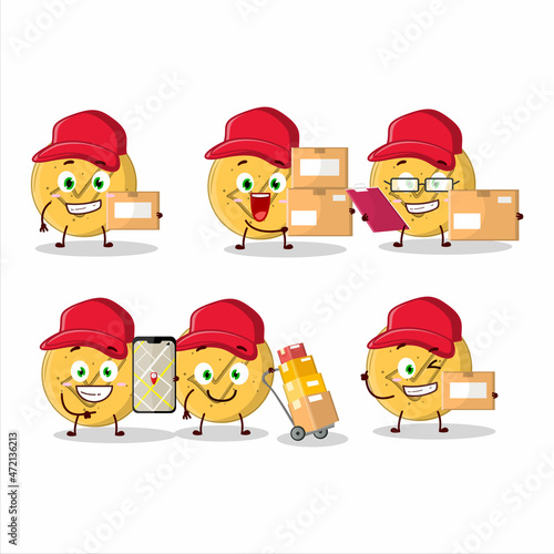 Cartoon character design of dalgona candy agree working as a courier
