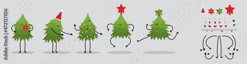 Funny cartoon Christmas tree character creation set vector illustration. Constructor with various gestures, emotions. New Year's character for animation or graphic resources.