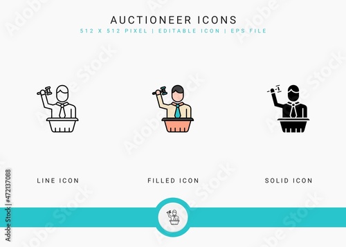 Auctioneer icons set vector illustration with solid icon line style. Auction act concept. Editable stroke icon on isolated background for web design, user interface, and mobile application