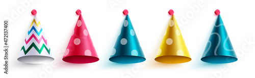 Birthday party hats vector design. Happy birthday text with colorful party hat celebrating element isolated in white background for kids birth day greeting card decoration. Vector illustration.
