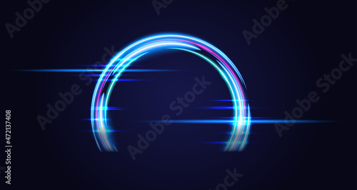 Blue magic arc. Abstract magic light effect. Luminous neon lines with flying lights and spark trail.