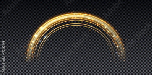 Gold magic arc. Abstract magic light effect. Luminous neon lines with flying lights.