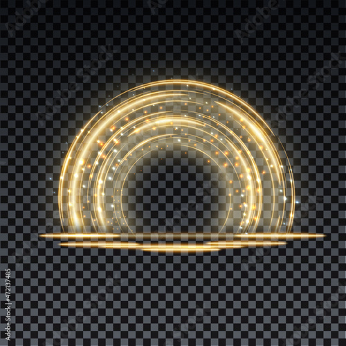 Gold magic arc. Abstract magic light effect. Luminous neon lines with flying lights.