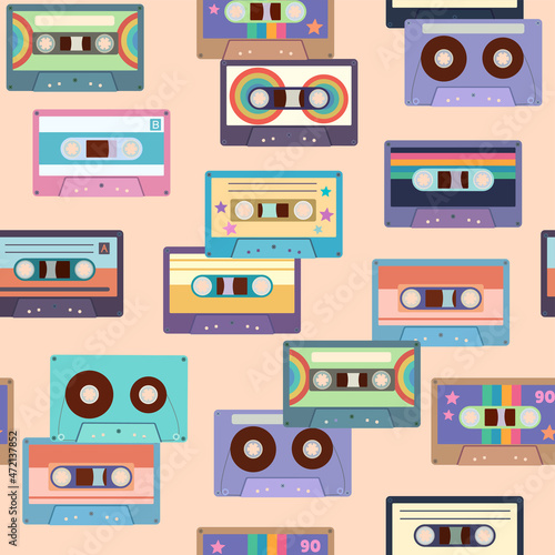 Seamless pattern with colorful cassette tapes. Retro trendy background for design and accessories.