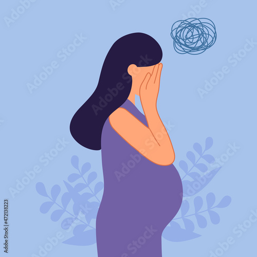 Sad and stressed pregnant woman in flat design. Negative emotion. Anxiety pregnancy symptom.