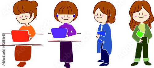 パソコンを操作する女性と持ち運ぶ女性