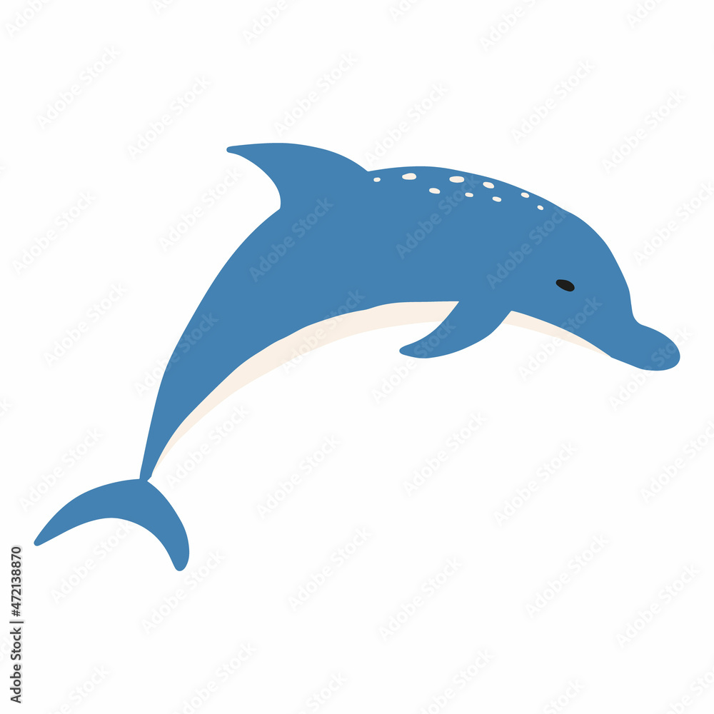 Obraz premium Childrens illustration of blue dolphin isolated on white white background. Cute hand drawn dolphin in cartoon style.