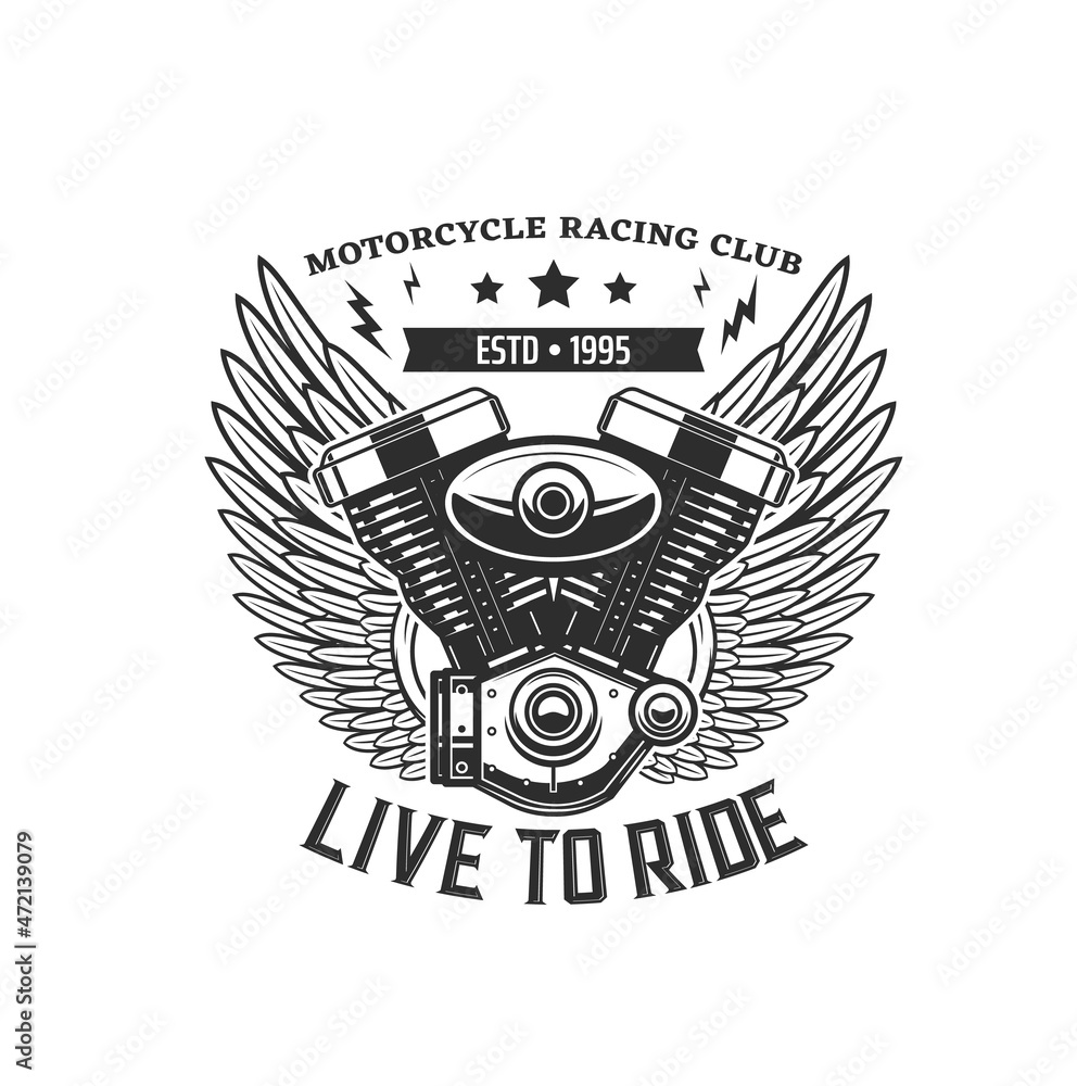 Obraz premium Motorcycle engine with wings icon. Motorsport racing, motocross sport or bikers club, motorcycle repair and restoration garage monochrome vector emblem, t-shirt retro print with winged bike engine