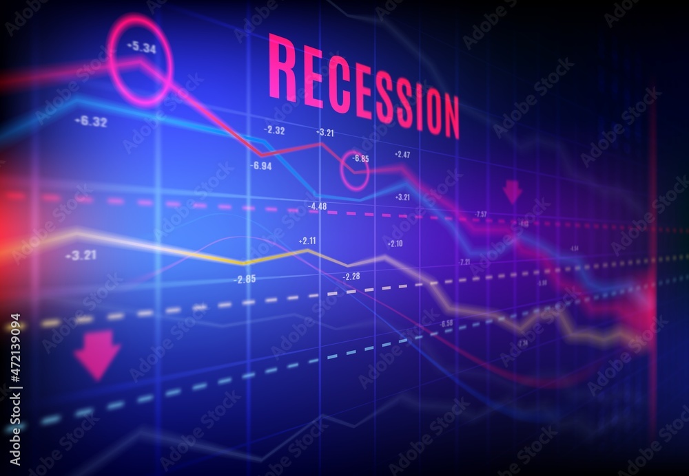 Economics recession, crashed stock market and trading loss vector graphs with indicators turned down, decline charts, red arrows. Blurred trading screen for finance crisis and business bankruptcy