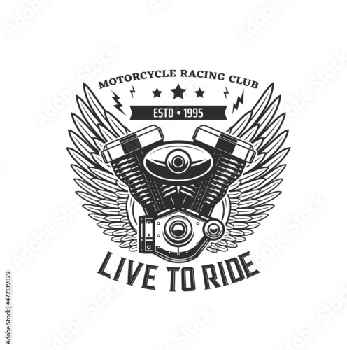 Motorcycle engine with wings icon. Motorsport racing, motocross sport or bikers club, motorcycle repair and restoration garage monochrome vector emblem, t-shirt retro print with winged bike engine