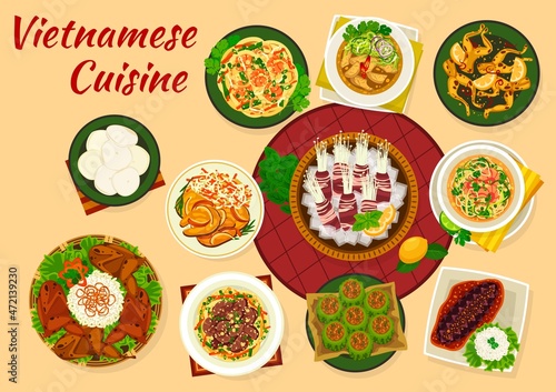 Vietnamese cuisine Asian dishes with vector meat, vegetables and fish food. Soup pho with shrimp and beef, udon noodles and rice with prawn chips, grilled quail, stuffed bitter melon and sea cucumber