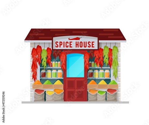 Spice house shop building, seasonings and herbs. Vector asian bazaar stall with cartoon condiment jars, dried plants. Traditional oriental market, store with exotic herbs isolated on white