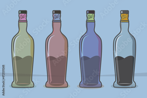 Illustration of a glass drink bottle with different color variants on a blue background