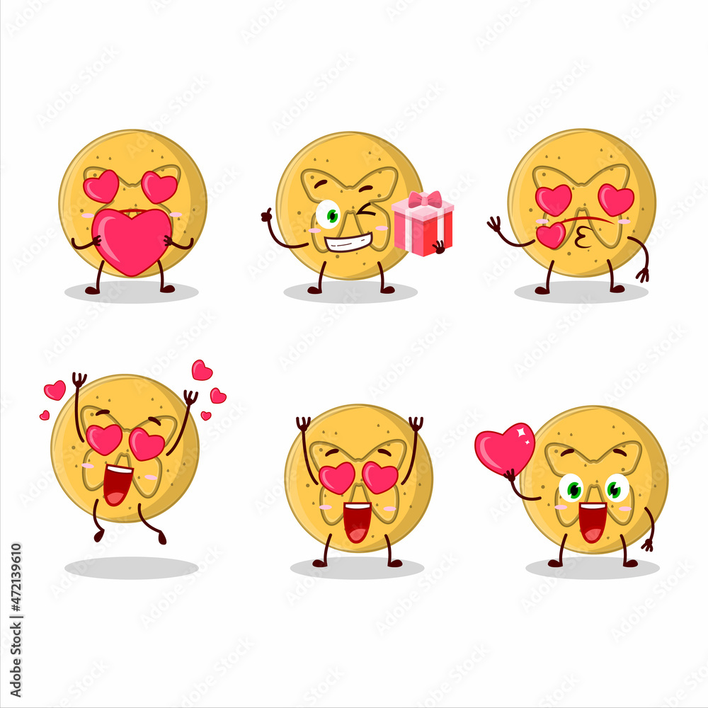Dalgona candy butterfly cartoon character with love cute emoticon Dalgona candy butterfly cartoon character with love cute emoticon
