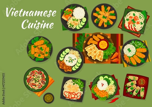 Vietnamese cuisine dishes of vector Asian food with vegetables, fish, meat and seafood. Spring rolls with shrimps, pork and beef, rice and noodles with chicken, prawns and fried fish in tomato sauce