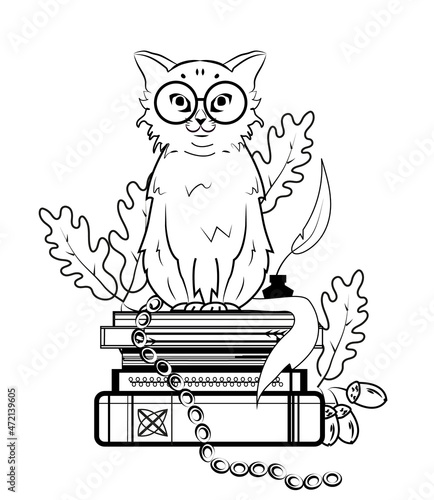 Line art of the scientist cat, illustration to Pushkin's fairy tale "The Tale of Tsar Saltan". A child's picture, a smart cat with glasses sitting on books, an oak tree, a leaf, a gold chain. Vector 
