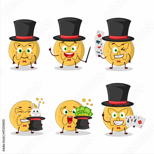 A dalgona candy butterfly Magician cartoon character perform on a stage