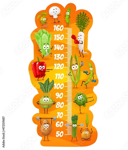 Kids height chart with vegetable sportsman vector characters, growth meter and stadiometer ruler. Children measure scale sticker with cartoon daikon and broccoli, cabbage, corn and asparagus, olive