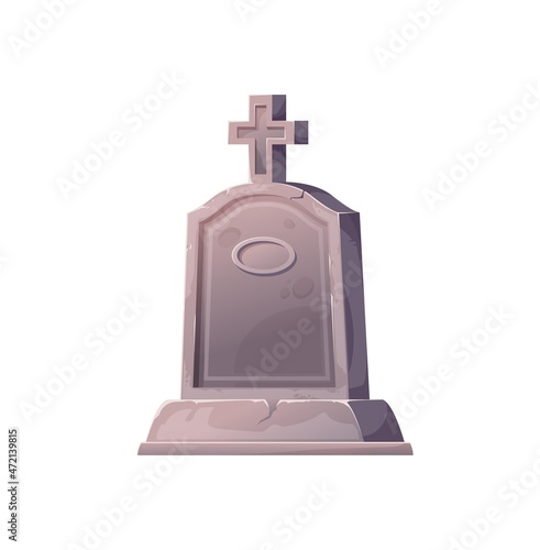 Granite tombstone headstone with cross on top isolated marker gravestone. Vector headstone, mystic marker, Halloween granite headstone. RIP monument at cemetery graveyard, creepy monument
