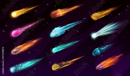Cartoon galaxy flying comets and space stars, falling asteroids and meteors. Vector shooting stars, meteorites, fireballs and ice balls with bright speed trails and fire tails of flames and flares