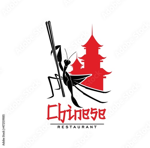Chinese cuisine restaurant icon with mantis, sticks and temple. Asian food bar vector symbol. Chinese food menu icon with pagoda temple, mantis with bamboo chopsticks