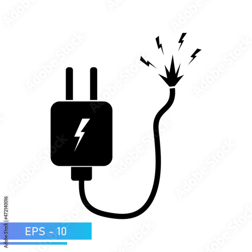 Exposed wire with sparks, danger to life. The power supply for charging the smartphone. A charging device for gadgets. The illustration is solid black. Vector illustration.