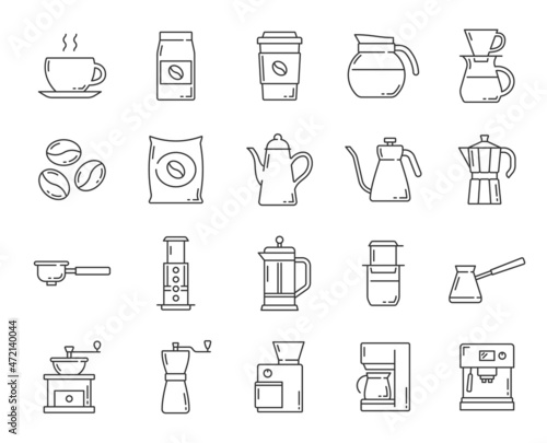 Coffee drink accessories outline icons. Drip and espresso coffee machine, steaming cup and beans bag, grinder, cezve and moka, filter coffee, hot mug, French and American press line vector pictogram