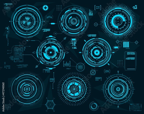 HUD futuristic circular panels. Sci Fi, web interface, ui or business visual data. Head up display digital vector screen or dashboard control panel hologram elements with statistic info