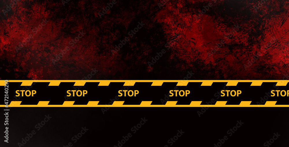 Crime scene, background with yellow barrage tape with stop sign. Noir,  murder, death, bloody red and black colors. Stock Illustration | Adobe Stock