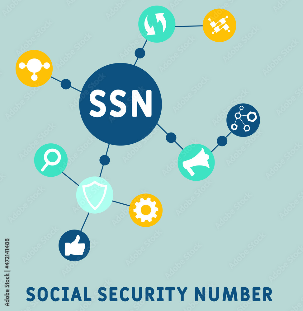 SSN - Social Security Number acronym, business concept. word lettering typography design illustration with line icons and ornaments. Internet web site promotion concept vector layout. SSN - Social Security Number acronym, business concept. word lettering typography design illustration with line icons and ornaments. Internet web site promotion concept vector layout.