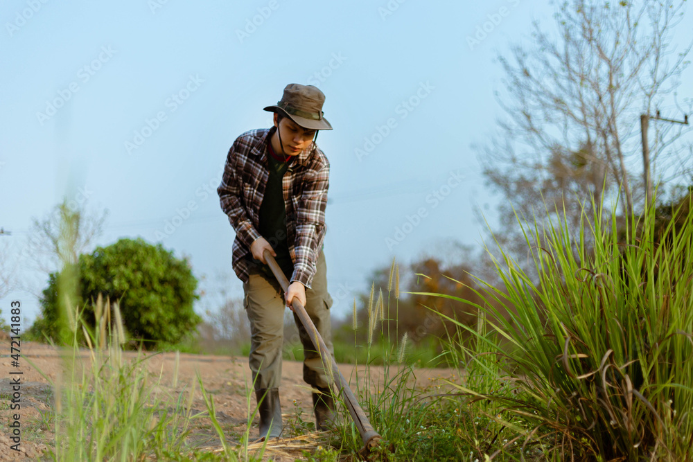 Fototapeta premium Gardening concept a male farmer using a hoe digging to the soil for making vegetable plots preparing for growing the plants