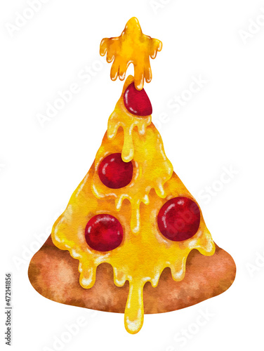 Cheesy pizza christmas tree with cheesy star funny Christmas Watercolor Digital draw clipart with clipping path