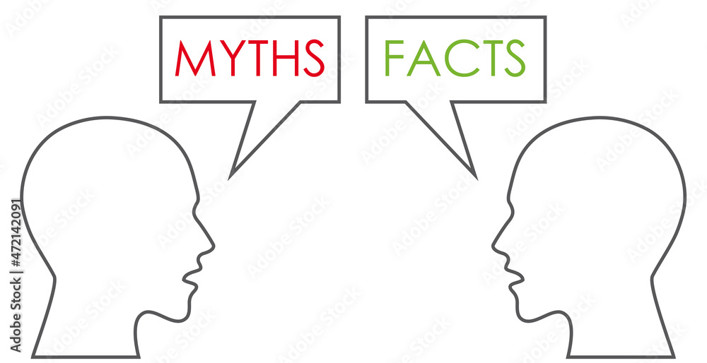 Myths vs facts speech bubbles over two heads 