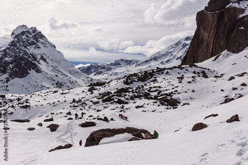 Snowed mountains in La Egorda Valley, Cajón del Maipo, central Andes mountain range, Chile