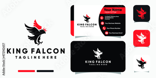King of falcon with crown logo and business card design vector template