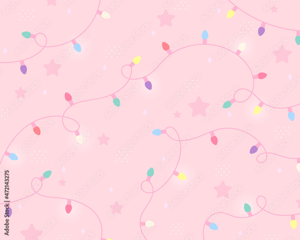 Christmas lights intertwined on a pink background. Warm and cute atmosphere. Simple pattern design template.