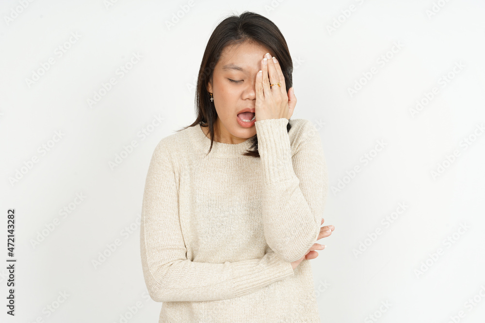 Headache of Beautiful Asian Woman Isolated On White Background Headache of Beautiful Asian Woman Isolated On White Background