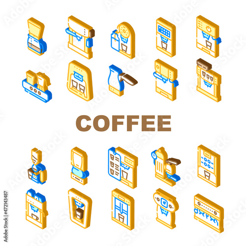 Coffee Machine Barista Equipment Icons Set Vector. Electric Turk For Brewing Energy Drink And Vintage Coffee Machine, Drip Filtration And Geyser Device Technology Isometric Sign Color Illustrations